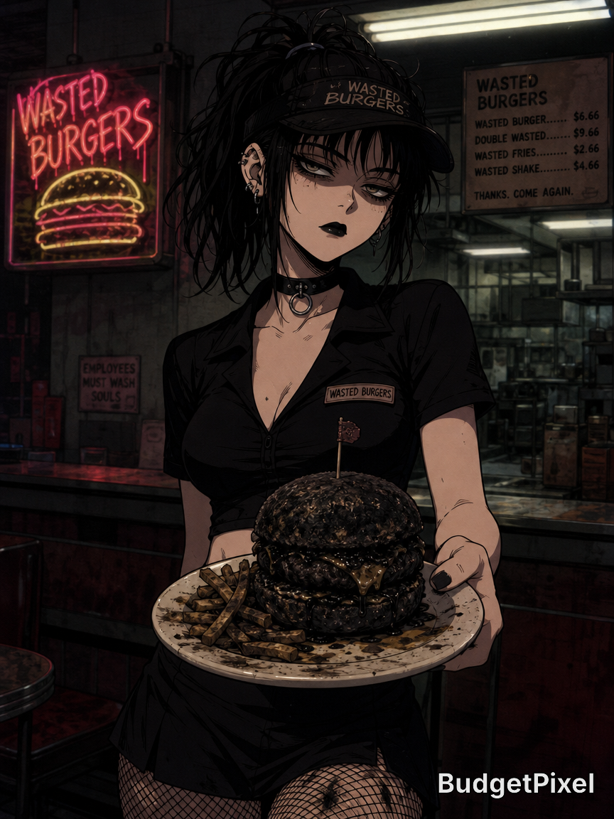 Gothic anime waitress in a dark diner presenting a towering burger on a plate.