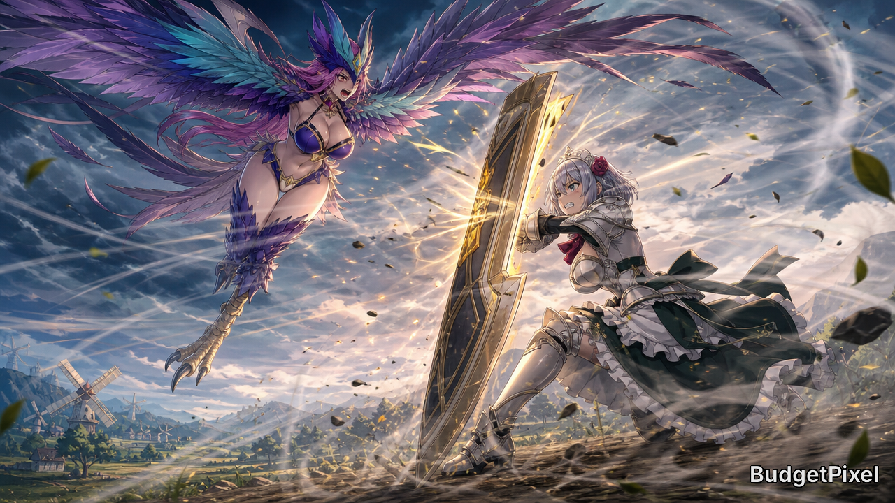 Winged, colorful female combatant duels an armored knight with a giant shield in an epic fantasy battle.