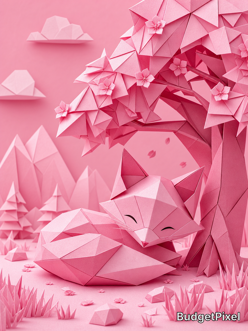 Pink origami foxes under a geometric paper tree in a whimsical pink landscape.