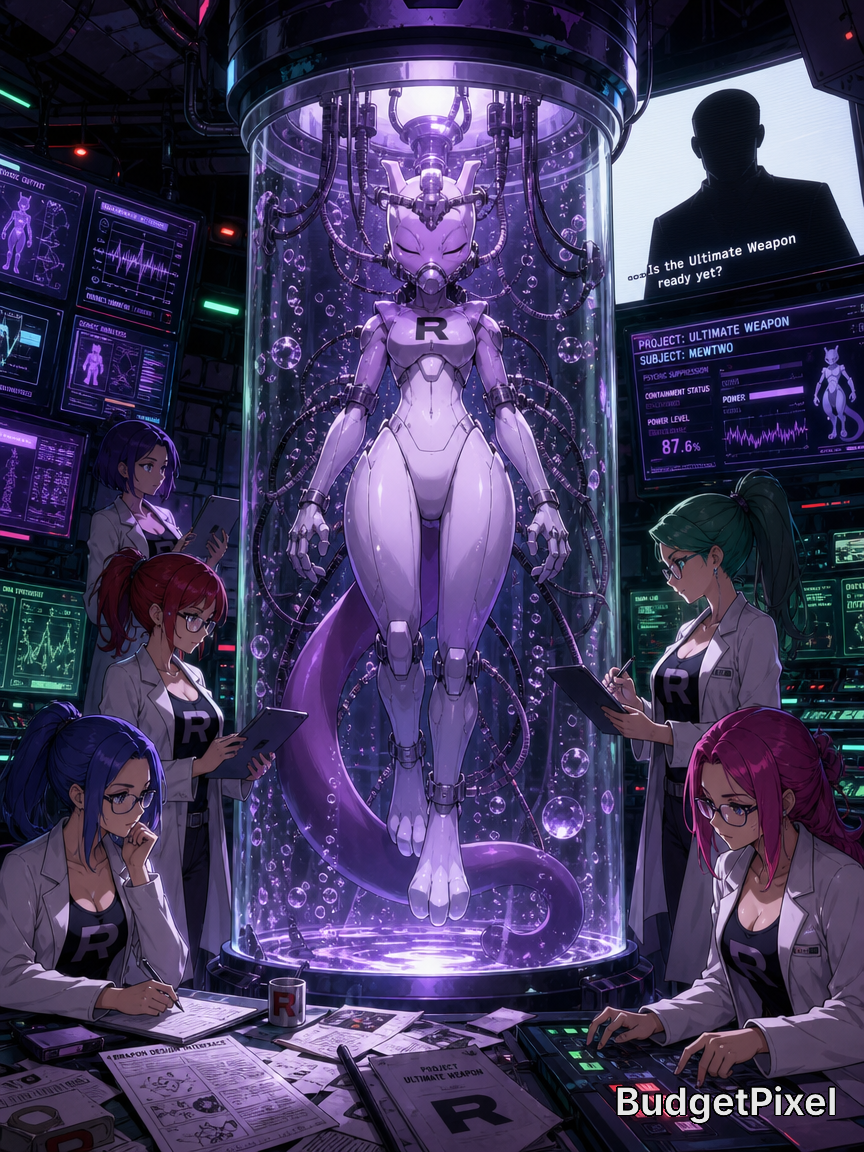 Futuristic lab with a humanoid robot in a glowing cryogenic chamber surrounded by scientists.