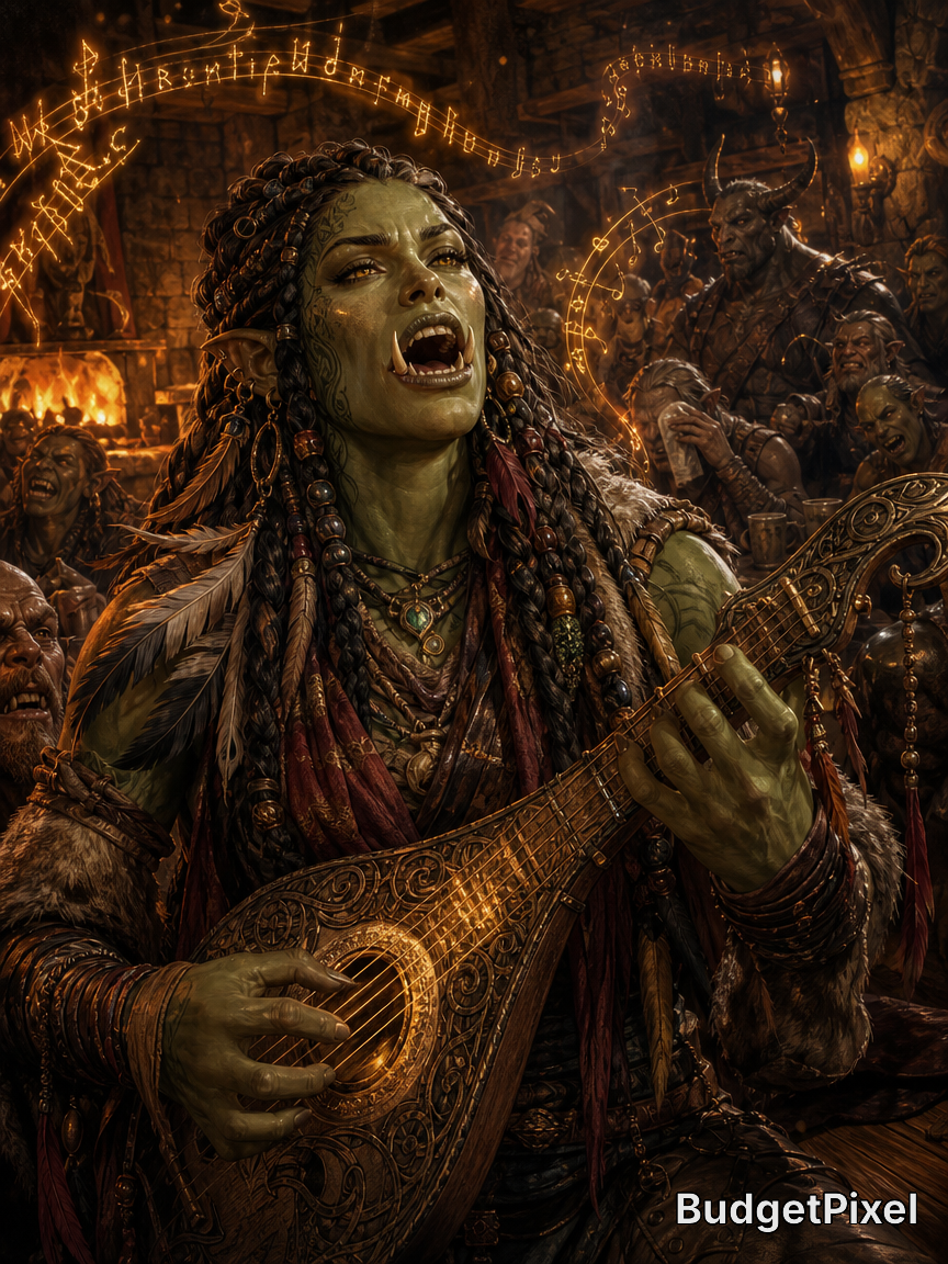 Orc bard with green skin playing an ornate lute in a warm, glowing tavern.
