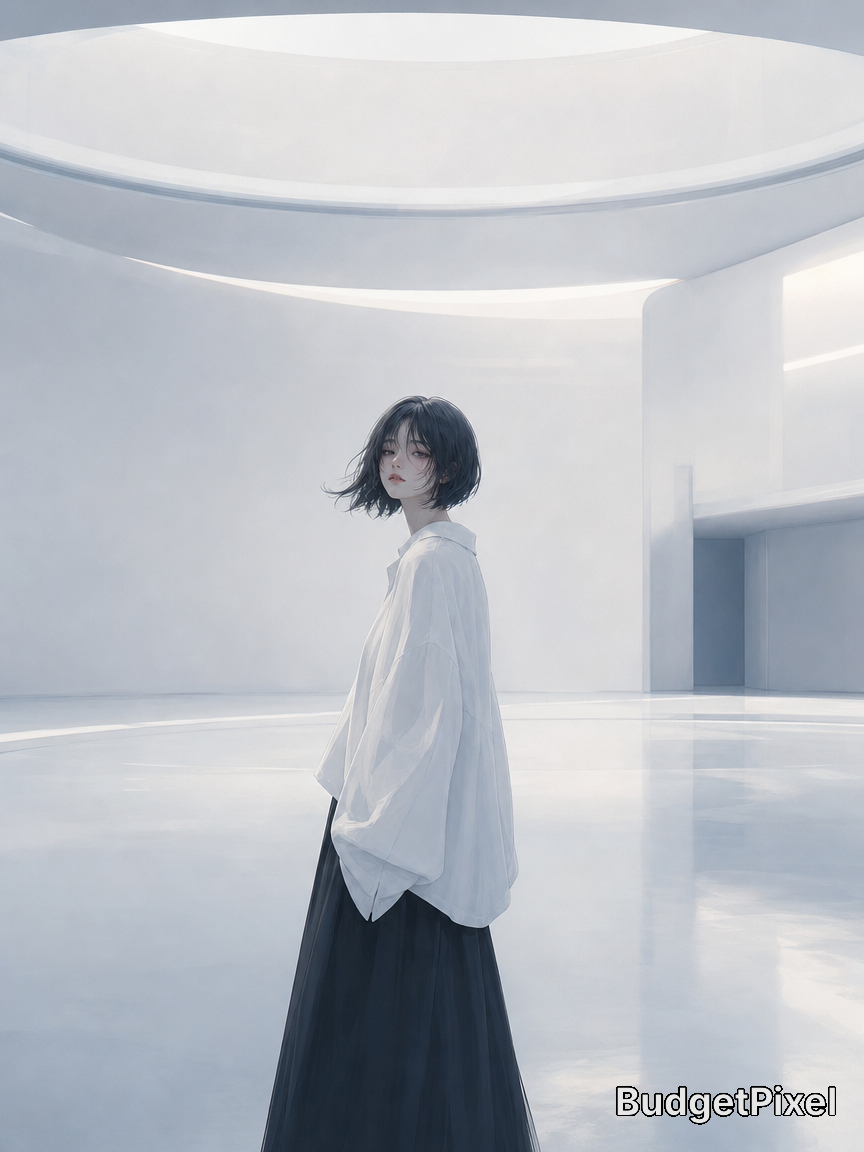 Young woman in an oversized white shirt and dark skirt in a white futuristic plaza.