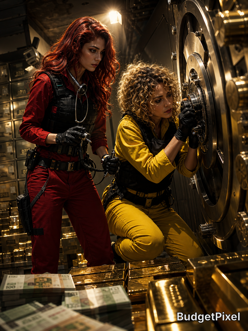 Two women in colorful jumpsuits inspect a heavy bank vault door amid stacks of cash.