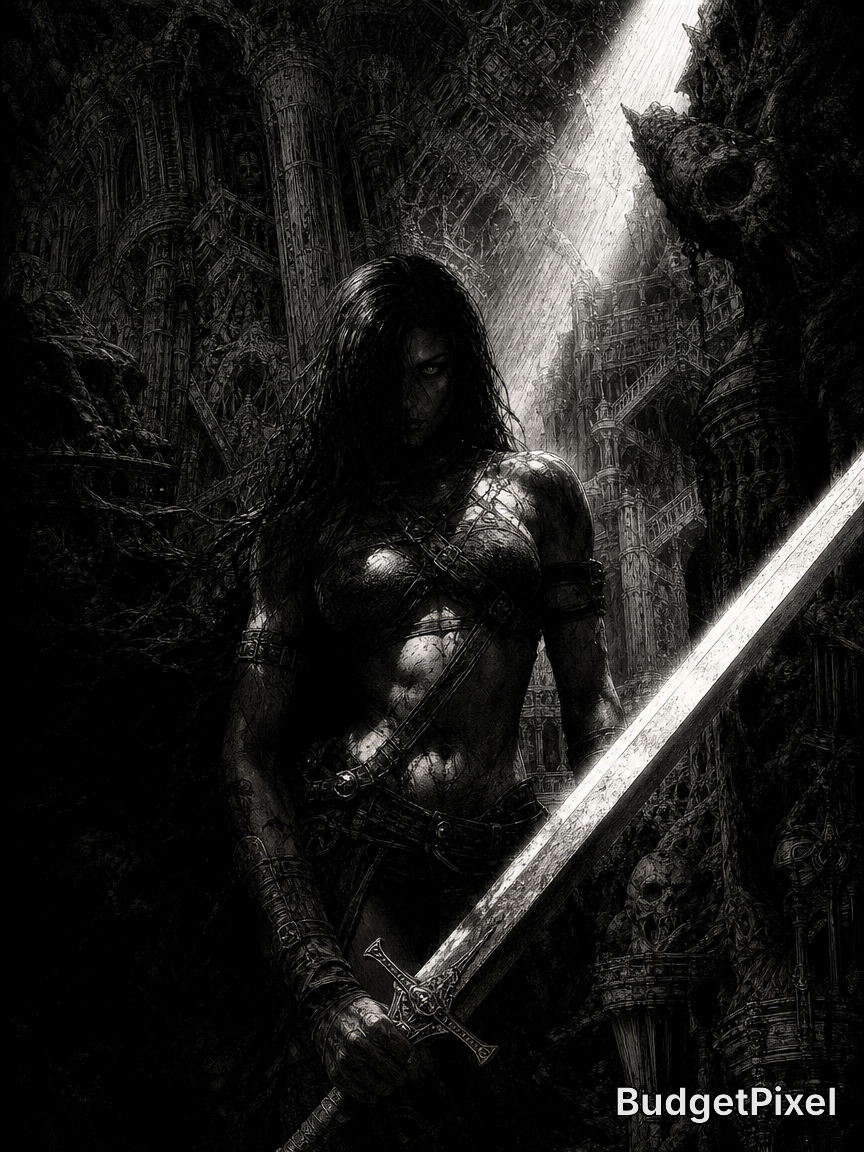 Dark female warrior with a large sword in a gothic ruin, black-and-white fantasy scene