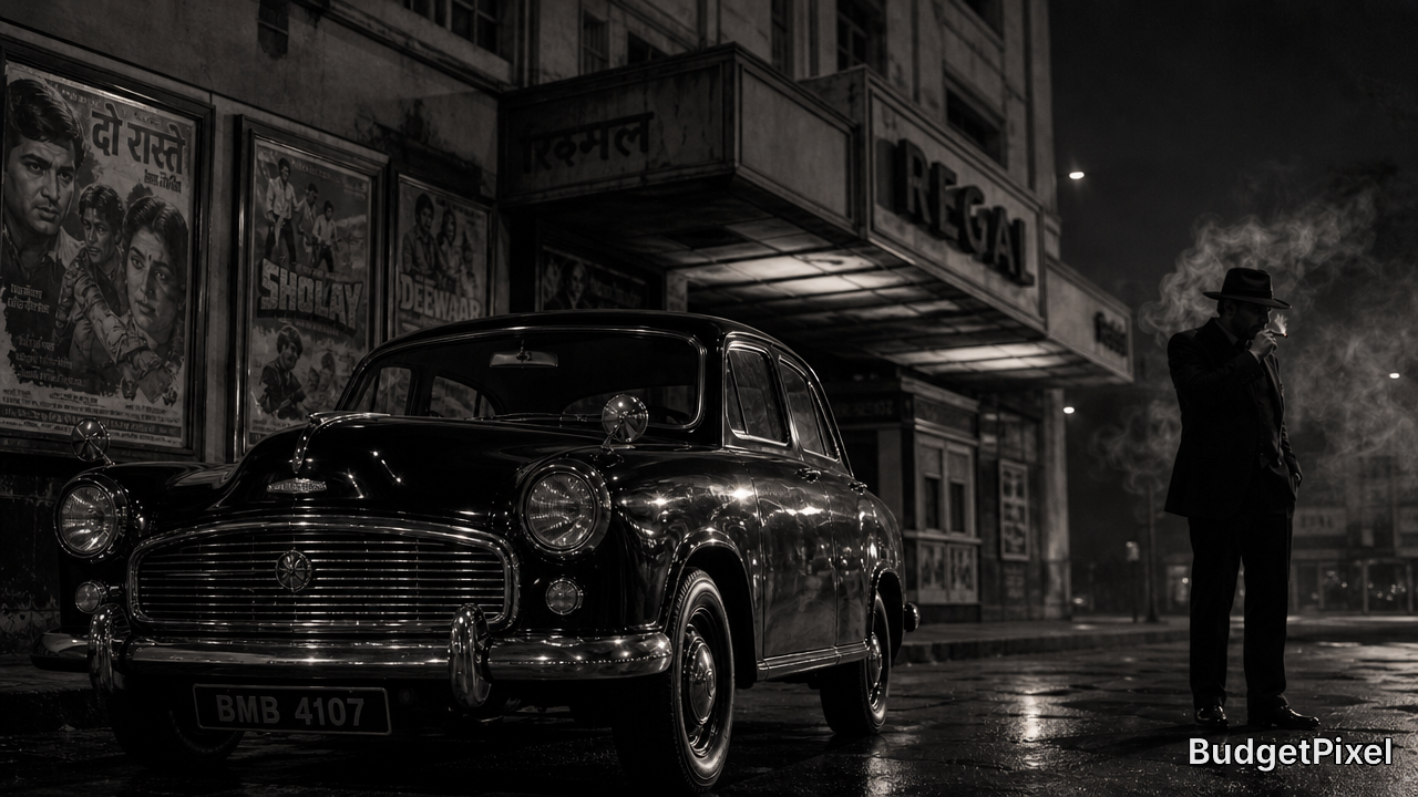 Vintage black car at night on a rain-soaked street beside an old Regal cinema, with a man in a hat smoking nearby.