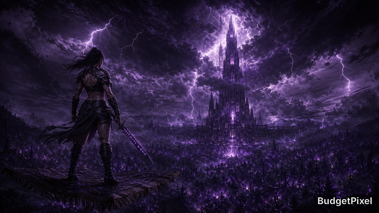 Woman warrior with sword on a cliff facing a glowing purple castle amid stormy purple skies.
