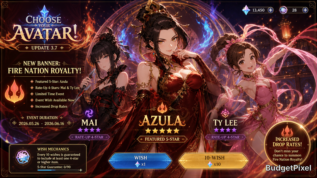 Colorful game banner featuring three Fire Nation characters (Azula, Mai, Ty Lee) with fiery and magical effects.
