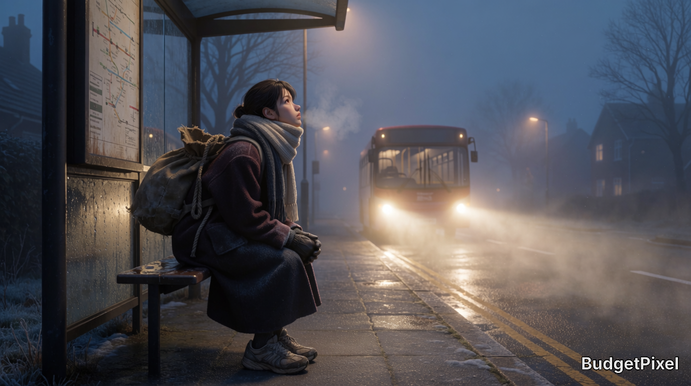 Young woman with a backpack waiting at a foggy bus stop as a bus approaches.