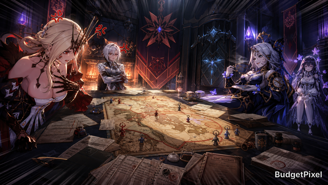 Fantasy board game session with armored characters and a detailed map on a dark, dramatic battlefield.