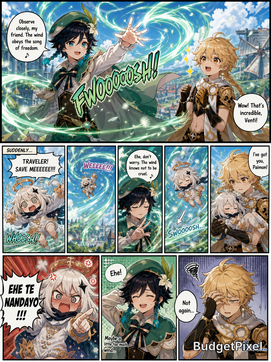 Two anime characters unleash swirling wind energy in a bright seaside city, illustrated in dynamic comic panels.