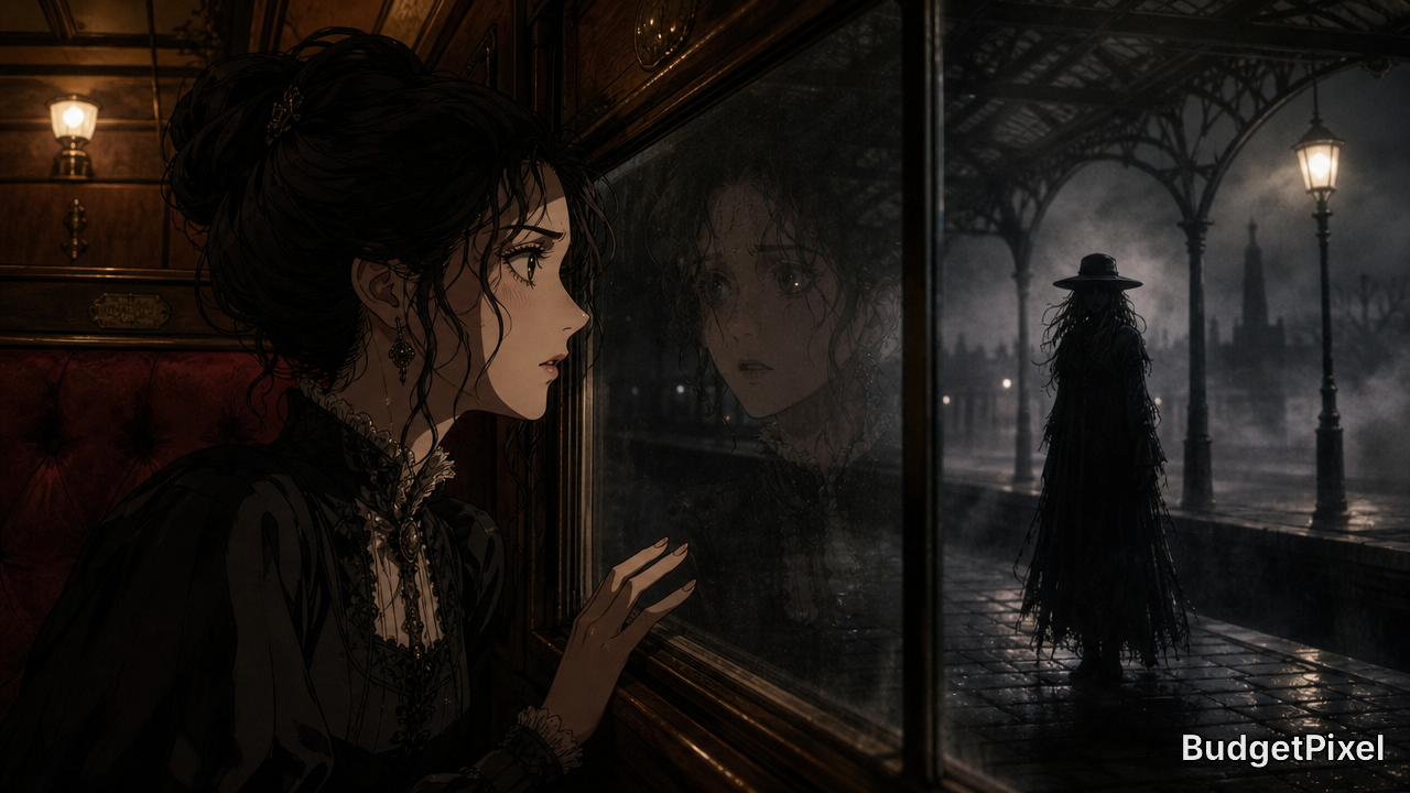Gothic woman in a vintage dress gazes out a train window at a shadowy figure on a rain-soaked street.