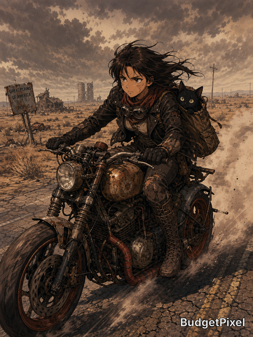 Female rider with goggles on a rugged motorcycle through a desolate desert, a black cat perched on her back.