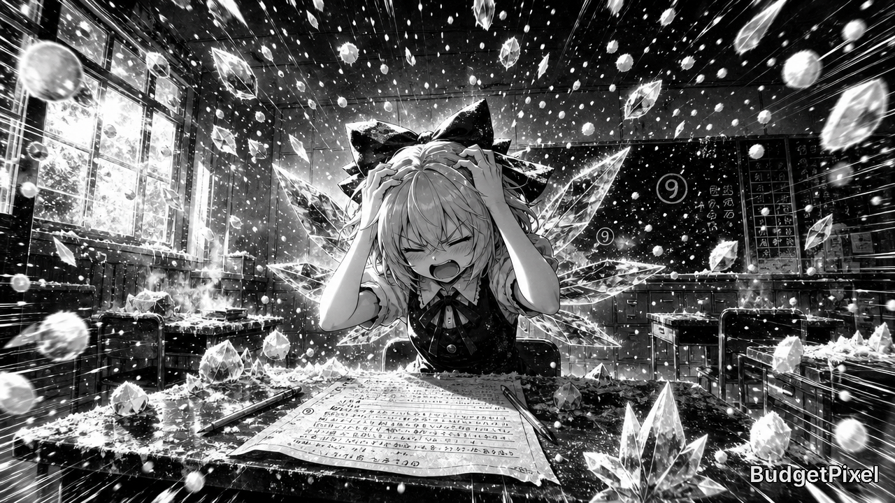 Distressed anime girl in a classroom, surrounded by floating crystals and shattered glass.