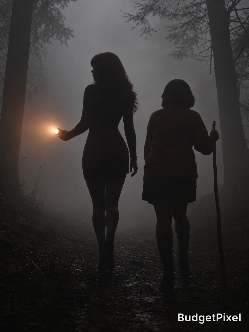 Silhouetted hikers in a foggy forest at night, one holding a flashlight.