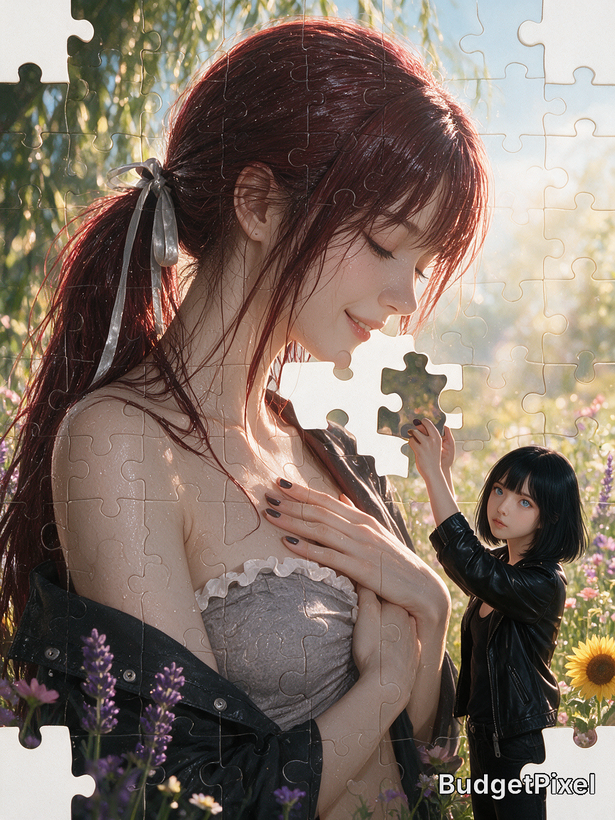 [Surreal puzzle themed digital art: small black-haired girl places a missing piece on a portrait of a red-haired woman in ...