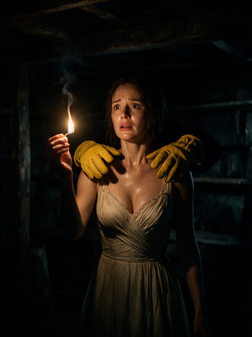 Terrified woman holding a burning match as disembodied yellow gloved hands rest on her shoulders in a dark basement