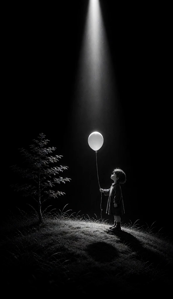 Small child holding a balloon stands gazing up at a beam of light on a dark grassy hill