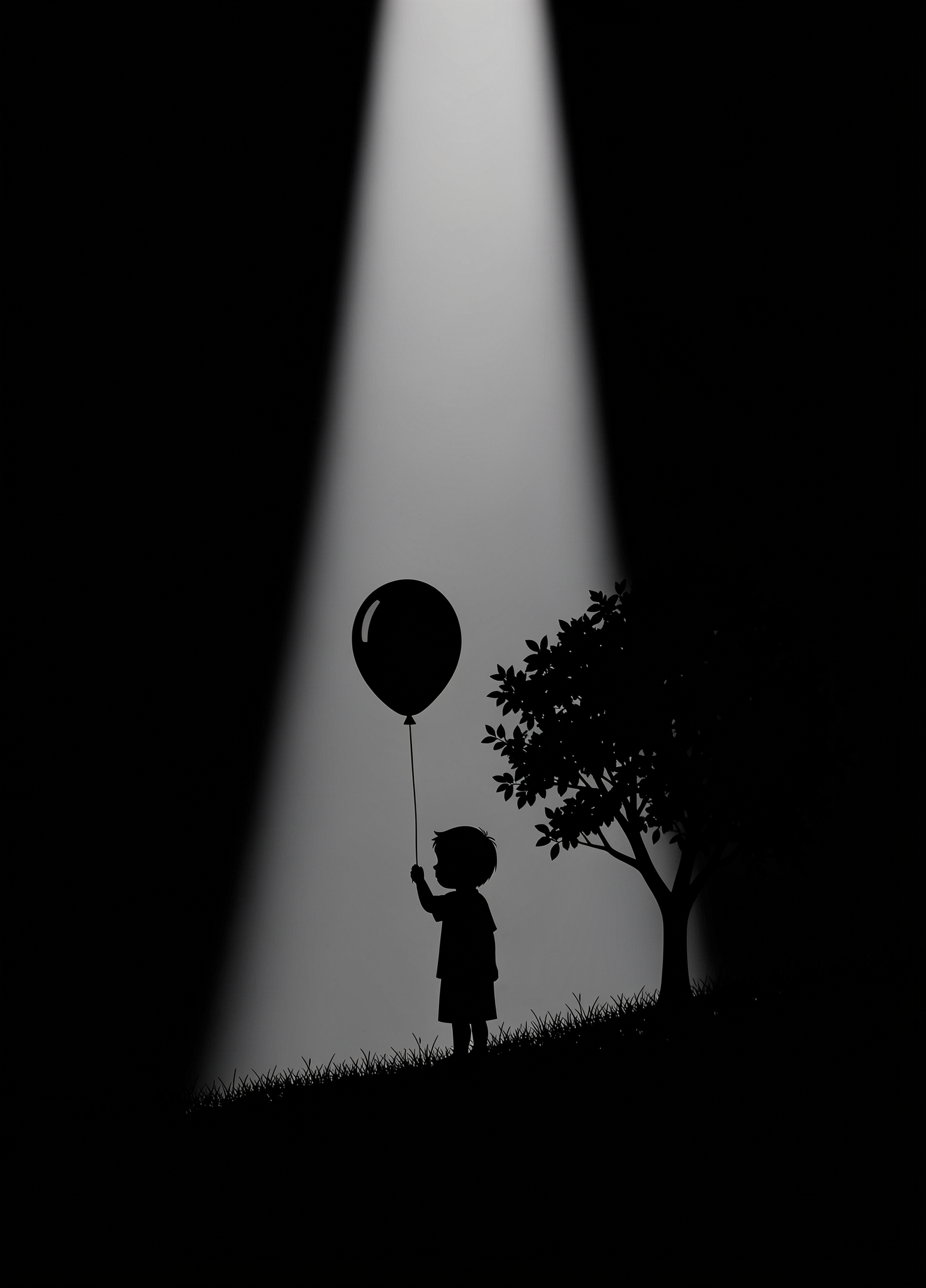 Silhouette of a young child holding a balloon standing in a spotlight next to a small tree