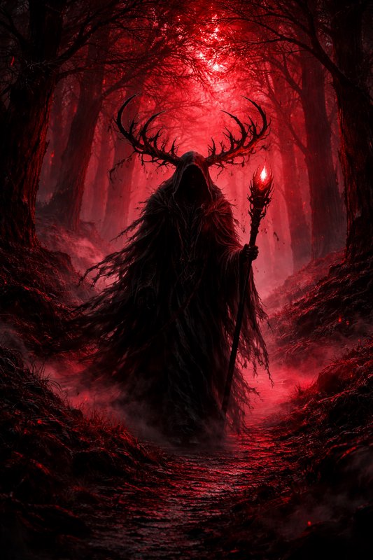 Dark hooded figure with antlers holds a torch in a red-tinted, foggy forest.