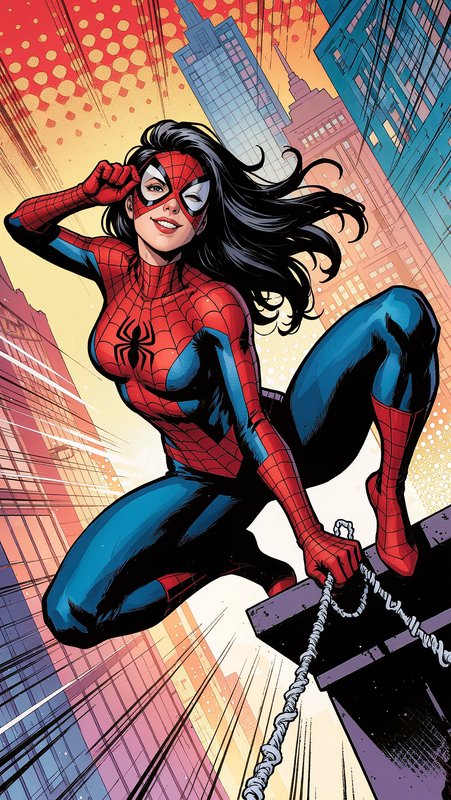Spider-Woman in a red-and-blue suit perched on a ledge with a vibrant city skyline behind her.