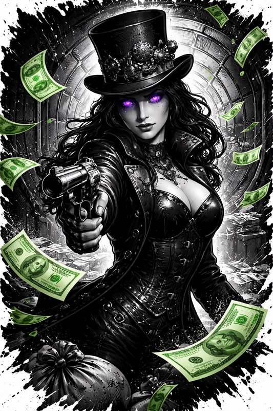 Gothic steampunk femme fatale with top hat aims a pistol as money swirls around.