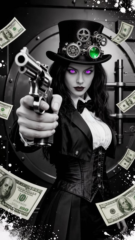 Steampunk femme fatale in a black outfit with a gear-filled top hat and green glowing eye, pointing a revolver amid