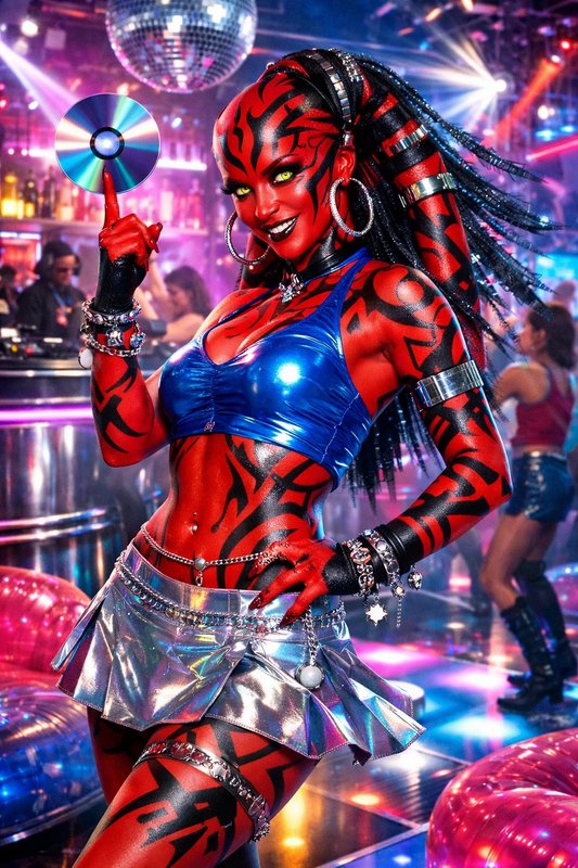 Person with red and black tiger-stripe body paint in a shiny blue top dancing in a nightclub holding a CD.