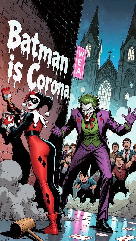 Harley Quinn and the Joker in a comic-style street scene with "Batman is Corona" graffiti