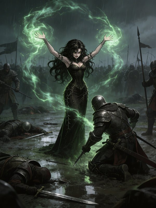 Sorceress in a black gown conjures green energy amid slain knights in the rain.