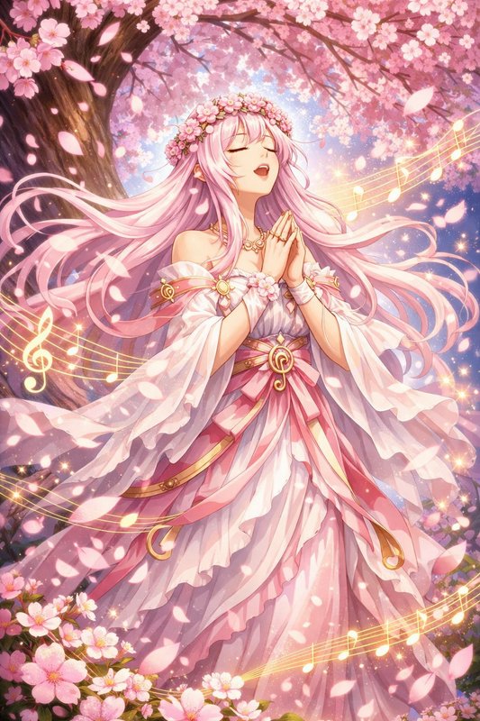 Anime-style pink-haired woman in a flowing pink dress singing under cherry blossoms.