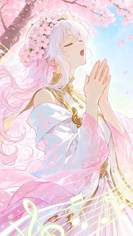 Anime-style girl with a flower crown praying under cherry blossoms in pastel pinks and blues.