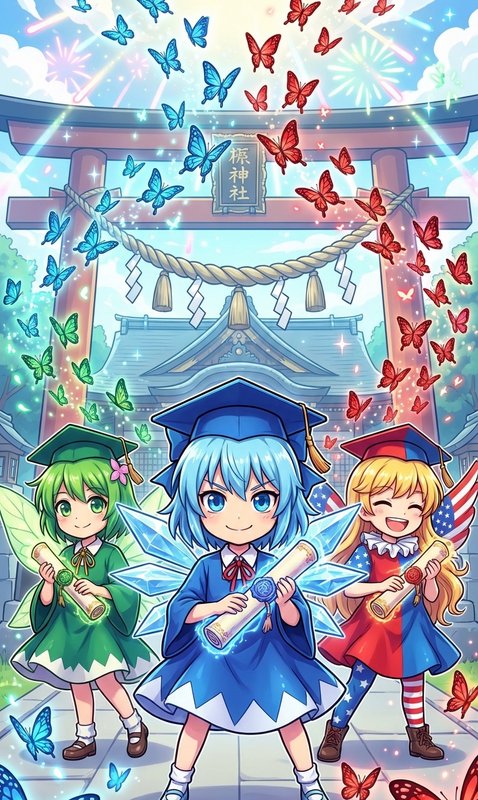 Colorful anime trio of magical girls in graduation robes holding scrolls at a shrine with rainbow butterflies.