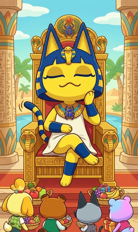Colorful cartoon cat in a blue-gold pharaoh headdress sits proudly on an ornate throne.
