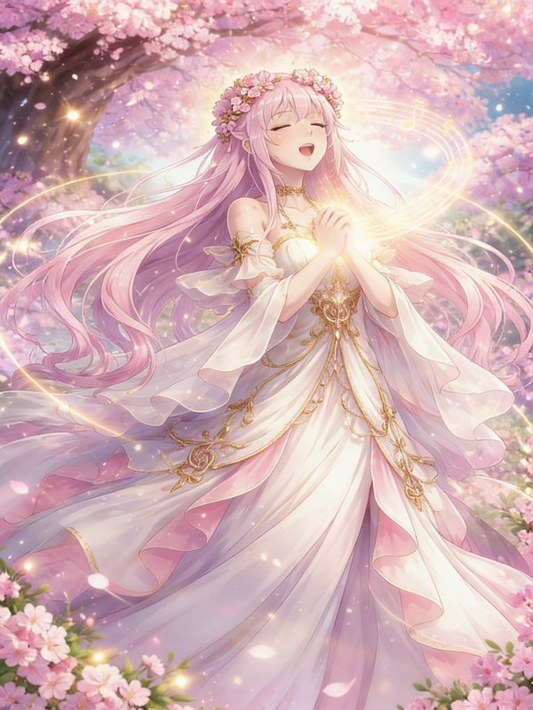 Anime-style princess with pink hair in a flowing white gown under cherry blossoms.