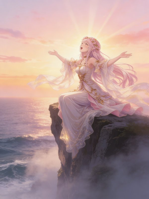 Fantasy anime-style woman in a flowing white gown sits on a cliff edge at sunset with arms open wide