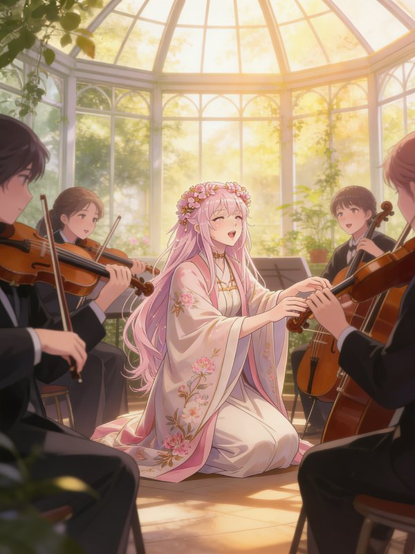 Pink-haired girl in a floral kimono wearing a flower crown, playing violin in a sunlit conservatory with an accompanying