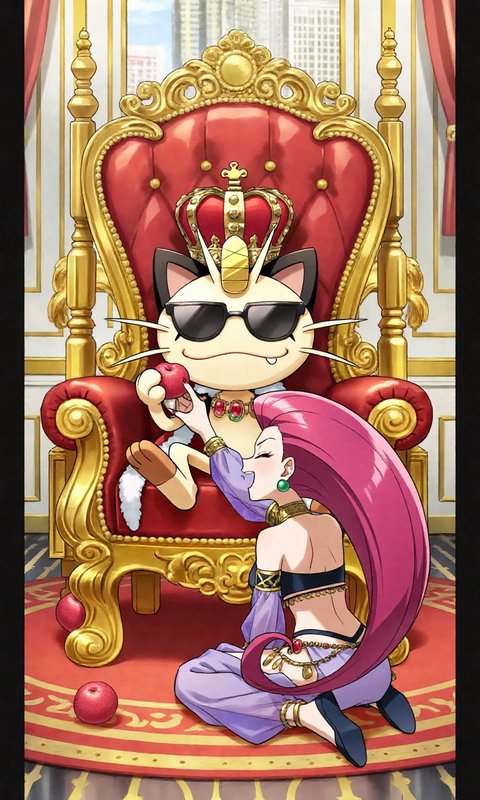 Cartoon cat wearing a crown and sunglasses sits on a gold throne while a purple-haired princess kneels offering an apple.