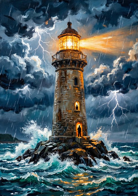 Stormy seascape painting of a tall lighthouse on a rocky island with lightning and heavy rain.