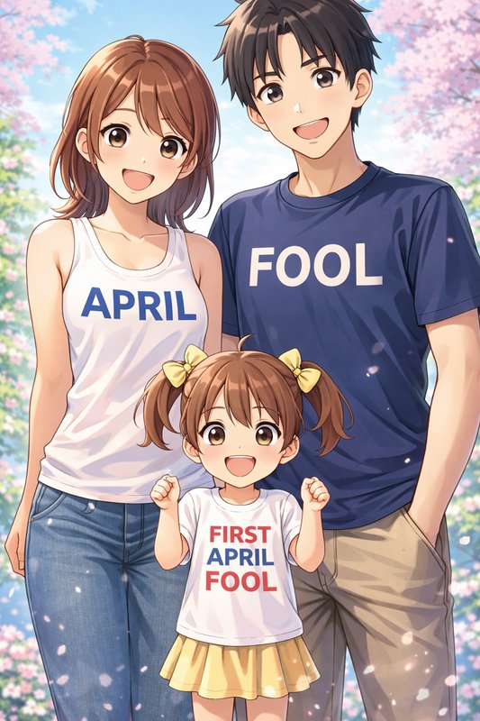 Happy anime family outdoors wearing April-themed shirts with cherry blossoms