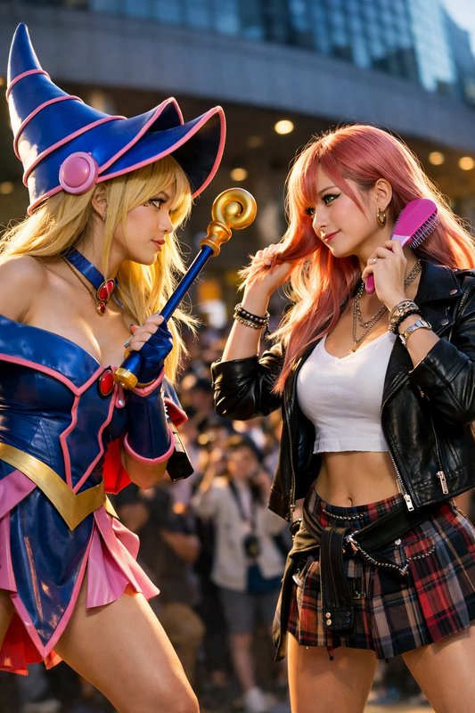 A dynamic cosplay scene featuring two women in ani | MrUnick on ...