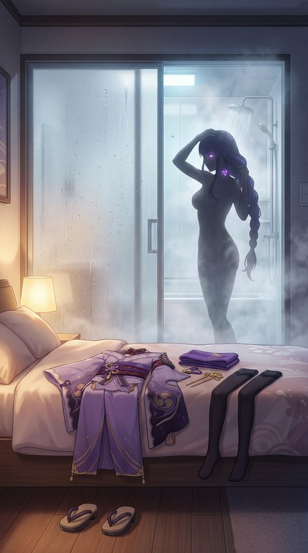 Silhouetted woman with a long braid stands nude in a steamy shower view, seen through a glass door from a warm bedroom.