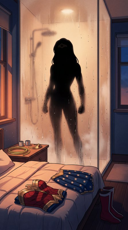 Silhouette of a person in a glass shower door at night, steam obscuring the figure in a cozy bedroom.