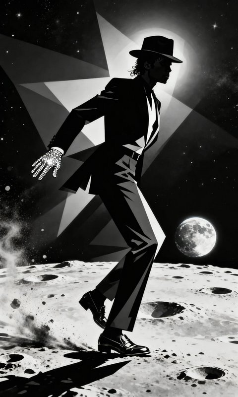 Silhouette of a man in a fedora and suit moonwalking on the lunar surface with a sparkling glove.