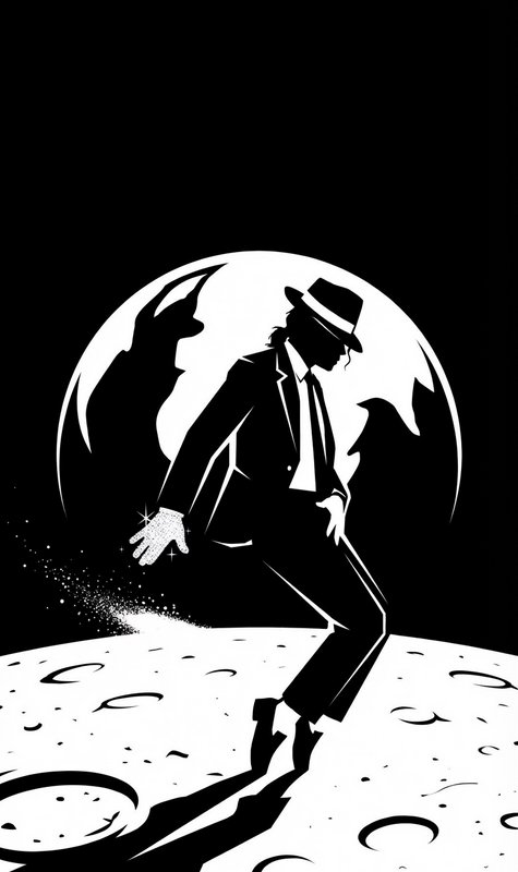 Silhouette of a man in a suit and fedora stepping on the moon with Earth visible in the background.