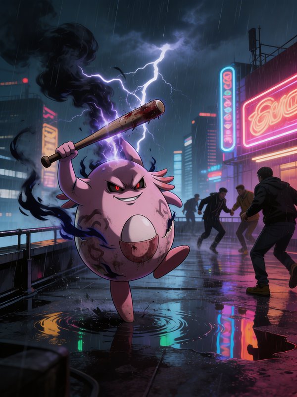 Cute pink blob-like creature wielding a baseball bat in neon rainy city at night, lightning crackling.