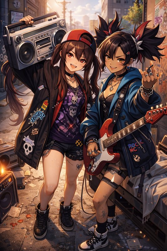 Two anime-style girls in edgy streetwear pose with a boombox and electric guitar in a city alley.