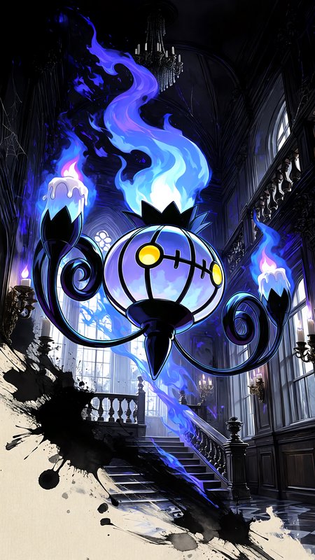 Fantasy chandelier with vivid blue flames in a dark gothic mansion interior.