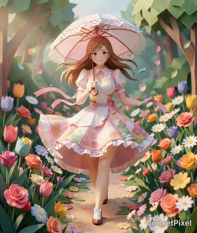 Anime-style girl in a pink lace dress walking with a lace parasol through a colorful flower garden.