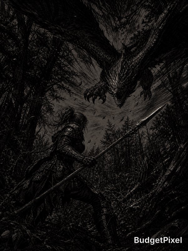 Dark fantasy warrior with spear confronts a flying dragon in a dense forest at night