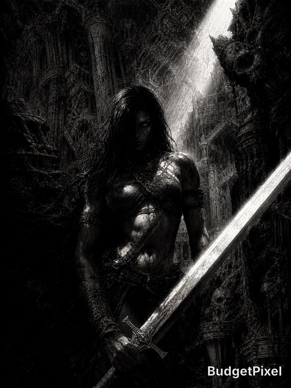 Dark female warrior with a large sword in a gothic ruin, black-and-white fantasy scene